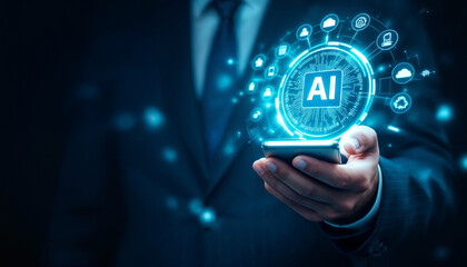 Businessman holding smartphone with glowing AI interface overlay.