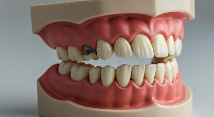 Obraz premium Dental model showing teeth gums with one silver tooth set against a neutral backdrop