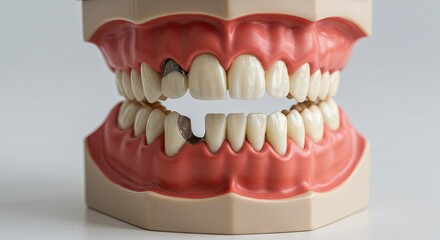 Obraz premium Dental model shows artificial teeth with some silver dental work in a pink gumline