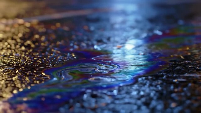 Iridescent oil slick on wet pavement, creating a colorful rainbow pattern with light reflections.