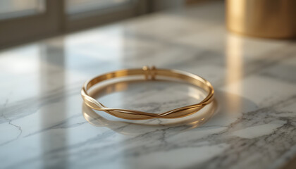 Elegant gold twisted bangle bracelet rests on a marble surface catching warm sunlight, perfect for luxury fashion imagery.