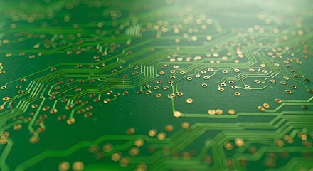 Detailed view of a green circuit board with gold connectors and traces showing intricate electronic pathways