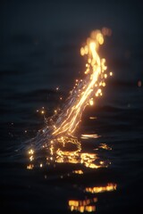 Ethereal water, captured in motion. Golden light paints droplets and ripples on a dark surface, creating an abstract, mesmerizing, and otherworldly effect