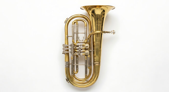 A brass euphonium with silver valves and mouthpiece on a plain white background in a studio shot ai generated