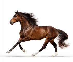 Obraz premium A majestic, shiny, bay-colored horse gallops against a white background. Its mane and tail flow freely in the wind as it moves powerfully