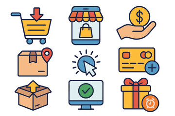 E-commerce icon set for online shopping. Flat design vector symbols for mobile store, payment, delivery tracking, and order confirmation. Add to cart, credit card and gift icons.