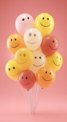 Cluster of pastel-colored balloons with painted smiley faces and clear sticks, against a pink background