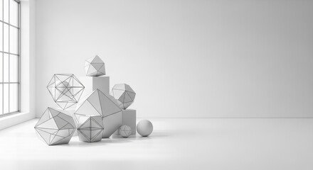 Modern Minimalist White Room with Abstract Geometric Sculptures and Natural Light.