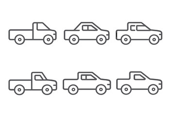 Set of six pickup truck vector icons. Minimalist linear style vehicle outlines for transport and automotive design. Simple car symbol collection for web and graphic elements.