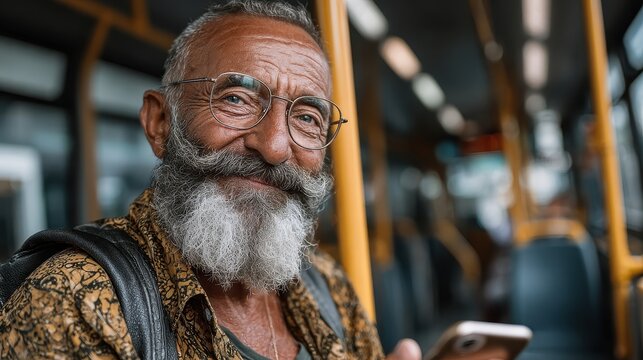 Smiling mature man commuting on a public bus using his mobile phone in the morning wearing casual orange plaid coat