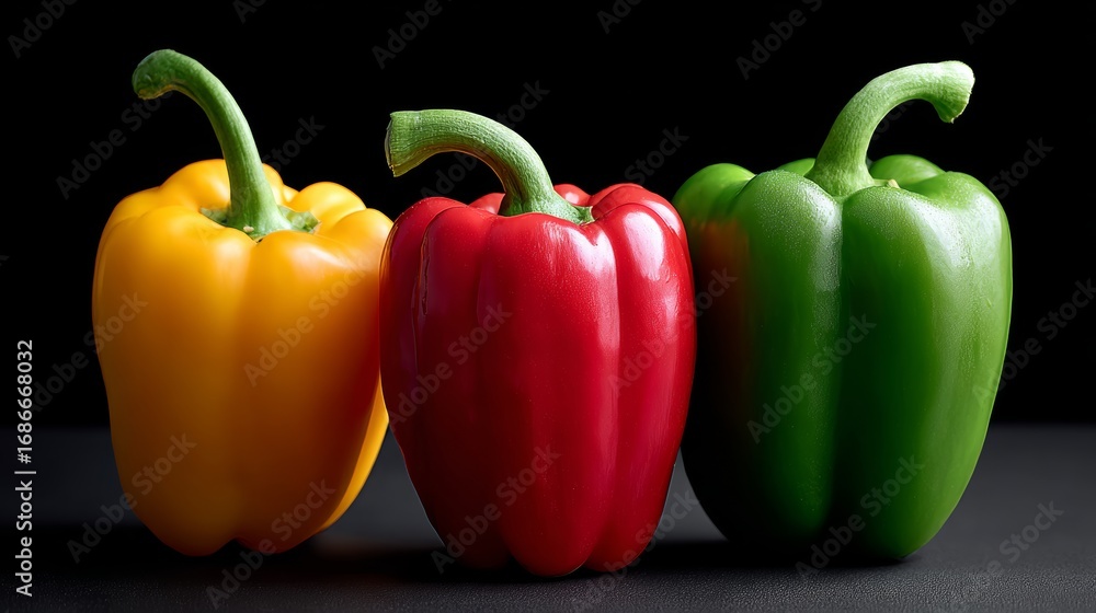 Poster three peppers of different colors are displayed on a black background. the peppers are arranged in a