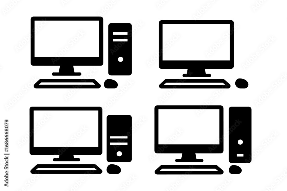Poster set of desktop computer icons. pc monitor, keyboard, and mouse black silhouette. vector graphic elem