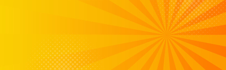 Bright orange-yellow sunburst comic-style banner background with halftone. Suitable for sale banners, templates, events, business ads, websites, and headers