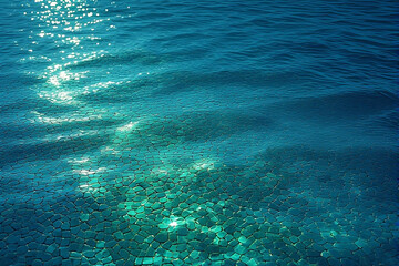 Sunlight sparkling on clear blue water surface over mosaic tiles, tranquil swimming pool surface
