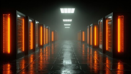 A dark server room with rows of lit, glowing server racks reflected on a shiny floor