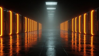 A dark, futuristic corridor with glowing orange lights on server racks and reflective floor