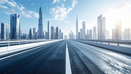 Road leads towards modern city skyline in Dubai, United Arab Emirates on a bright, sunny day showcasing urban development and architectural marvels.
