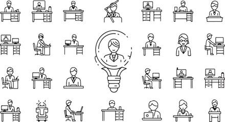 Collection of diverse business people working at desks in a sketchy hand-drawn style vector