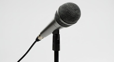 Gray microphone on stand against plain white backdrop cord extended