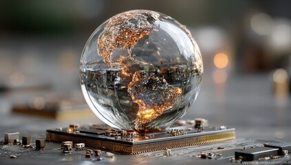 A clear glass globe, revealing illuminated continents, sits atop a computer chip