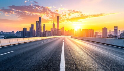 Fototapeta premium Road leading into city skyline at sunset with vibrant orange and yellow sky creating a sense of hope and new beginnings.
