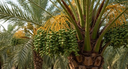 Fototapeta premium Green dates hang from a date palm tree surrounded by fronds in a sunlit grove
