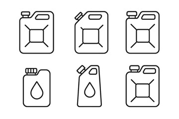 Set of outline jerry can icons. Minimalist vector illustration for fuel, gasoline, and liquid storage. Canister symbol for petrol, diesel, oil. Industrial container concept.