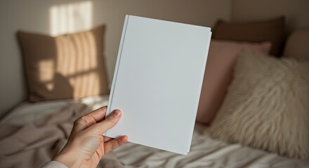Naklejka premium Hand holds a blank white book The backdrop includes pillows on a bed and a wall with a sunlit shadow