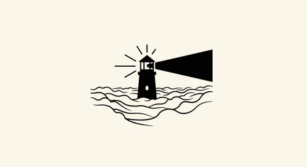 Silhouette Lighthouse Guiding Light Through Ocean Waves.
