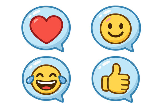 Social media emoji reaction vector icon set. Cartoon illustration of like, love, heart, smile, and haha laughing face emoticons in speech bubbles for chat and communication.