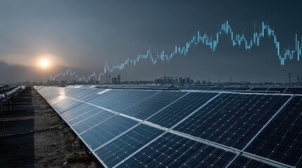 Solar panels reflect sunrise with financial data overlayed on distant city skyline representing renewable energy investment trends