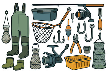 Vector cartoon set of fishing equipment. Big collection of fish tackle and gear icons. Fisherman tools, rod, reel, hook, net, float, waders, boots. Angling hobby concept.