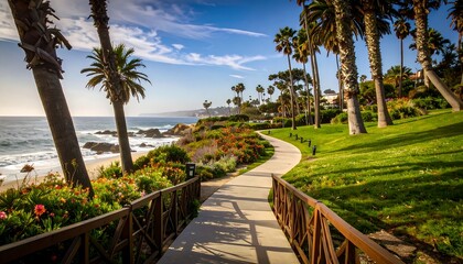 Obraz premium Coastal walkway with palm trees