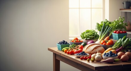 Abundant Fresh Local Produce and Artisan Bread on a Sunny Kitchen Table.