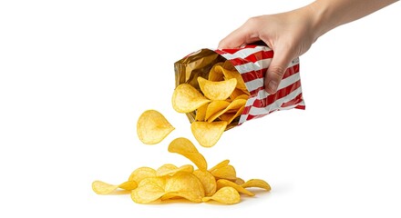 Hand pouring potato chips from a red and white striped bag onto a white surface