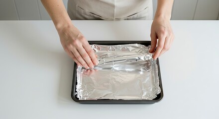 Hands cover a baking pan lined with foil A neutral background completes the scene