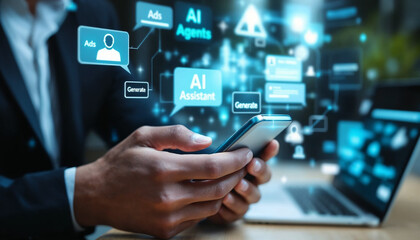 Businessman holding smartphone with glowing AI interface overlay.