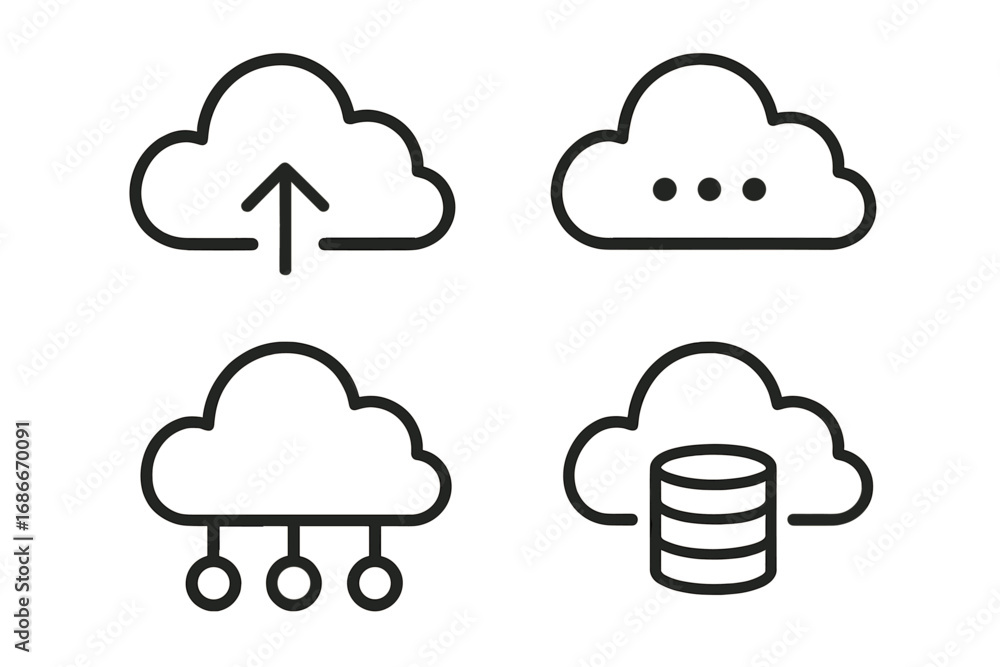 Poster cloud computing icons. data storage, upload, server, database, and network symbols. minimalist line 