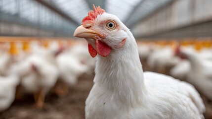 Close-up of a white hen in a modern poultry farm setting showing its features and environment clearly
