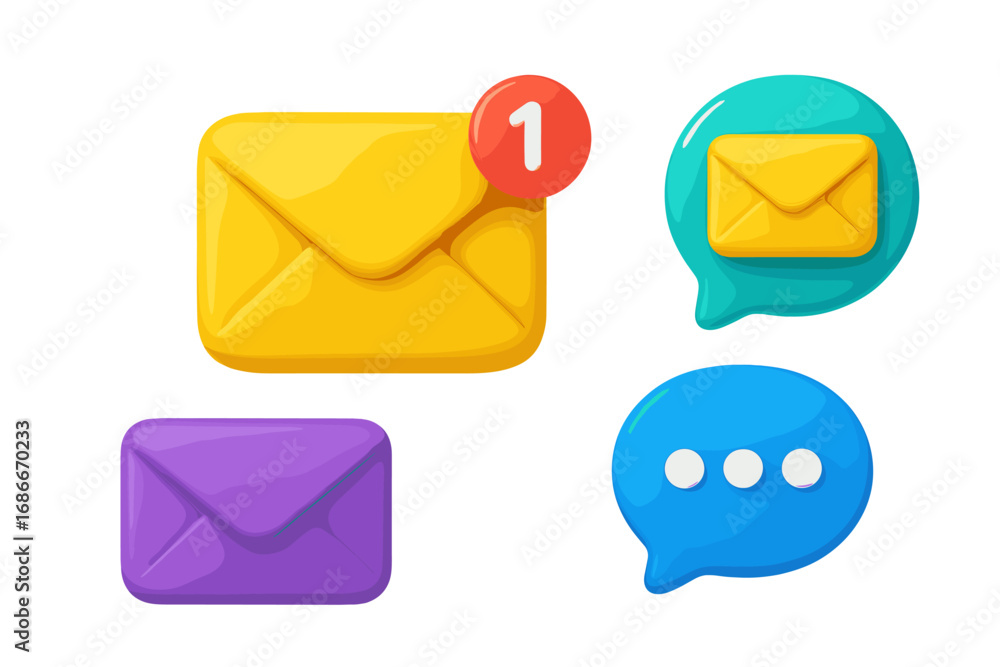 Aufkleber 3d mail envelope and chat speech bubble icon set. email notification with counter. new message, inbo