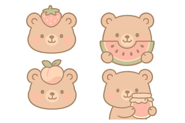 Obraz premium Cute bear character set with fruits and jam. Kawaii cartoon animal faces with strawberry, peach, watermelon, and jelly. Vector illustration collection for kids and nursery.
