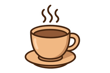 Obraz premium Coffee cup icon vector illustration. Hot steaming mug with saucer. Line art cartoon for cafe menu, coffee shop logo, restaurant. Morning caffeine drink, espresso, beverage design.