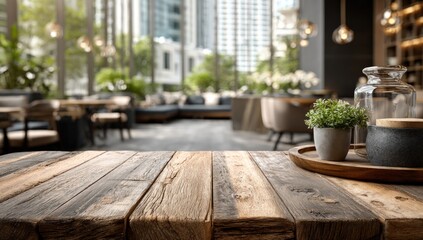 Rustic wooden table foreground with blurred cafe scene, interior details, and city backdrop