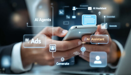 Businessman holding smartphone with glowing AI interface overlay.