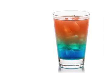 A layered cocktail with vibrant colors, showcasing a gradient of blue, green, and orange hues.
