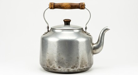 Metal kettle wooden handle spout lid utilitarian kitchenware against a plain white background