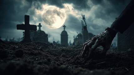 Eerie cemetery scene at night with a glowing full moon and a hand emerging from the grave