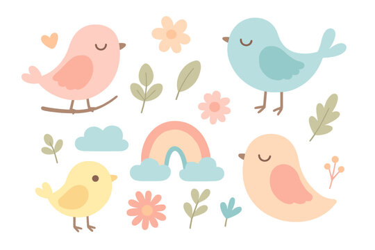 Vector collection of cute cartoon birds, rainbow, and flowers in pastel colors. Flat design nature elements set for kids, baby shower invitation, nursery decor, spring illustration.