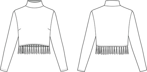 Flat vector fashion sketch of long sleeve top with tassel fringe, mock neck, detailed hemline, CAD template, front and back