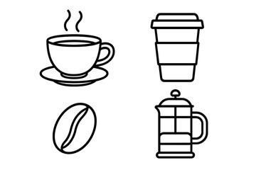 Coffee outline line icon set. Vector collection for graphic design, web, apps. Includes hot drink cup, takeaway paper cup, coffee bean, french press. Cafe, barista symbol.